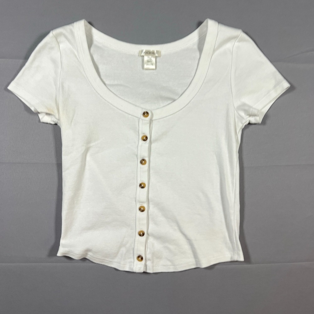 Bozzolo Cropped Top Women Small White Cotton Ribbed Knit Button Front Scoop Neck